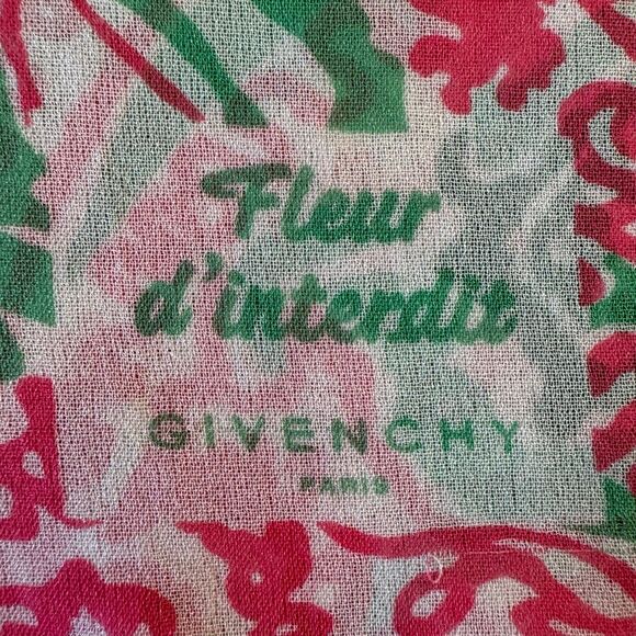 Vintage 90s Givenchy Fleur d'Interdit Silk Scarf Pink Green White Print Designer - Picture 3 of 4